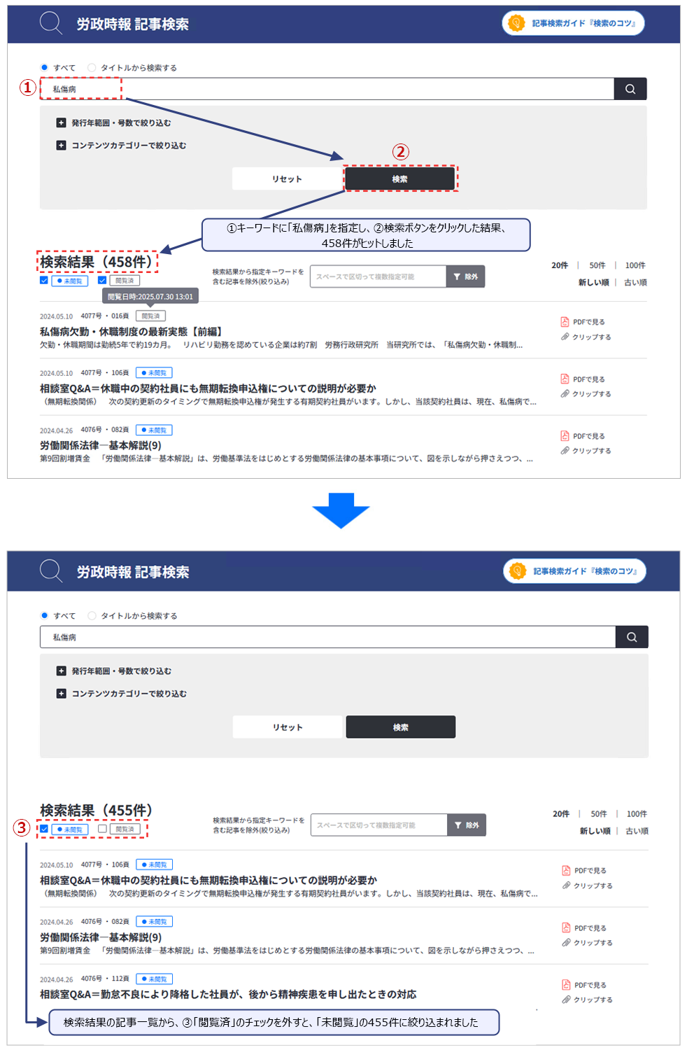 ①キーワードに「私傷病」を指定し、②検索ボタンをクリックした結果、458件がヒットしました